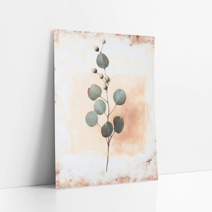 Sage Green Eucalyptus Sprig Botanical art print leaning against a white wall – slender sprig with round sage green leaves
