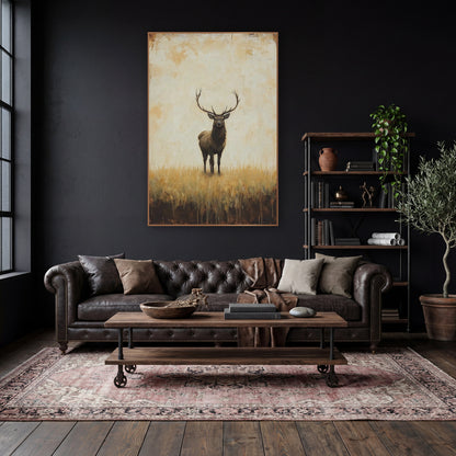 Standing Stag Golden Field Rustic wall art in a moody dark academia room – stag with tall antlers standing in golden