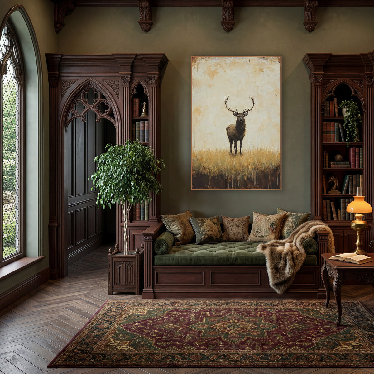 Standing Stag Golden Field Rustic wall art in a moody dark academia room – stag with tall antlers standing in golden