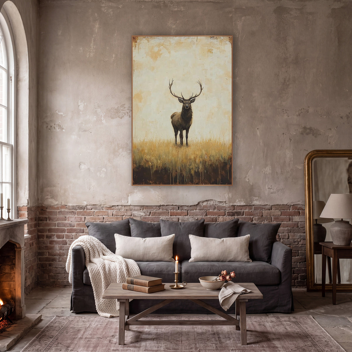 Standing Stag Golden Field Rustic wall art in a moody dark academia room – stag with tall antlers standing in golden