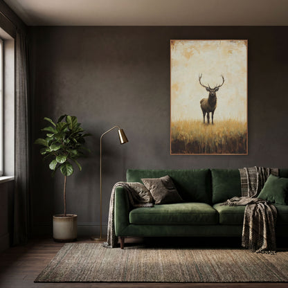 Standing Stag Golden Field Rustic wall art in a moody dark academia room – stag with tall antlers standing in golden