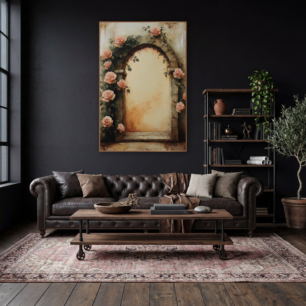Peach Roses Climbing Stone Doorway Classic wall art in a moody dark academia room – peach roses and green vines