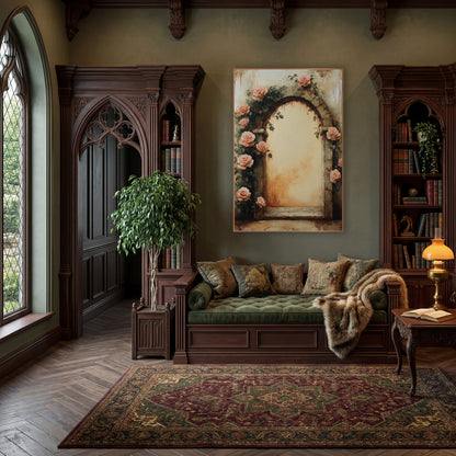 Peach Roses Climbing Stone Doorway Classic wall art in a moody dark academia room – peach roses and green vines