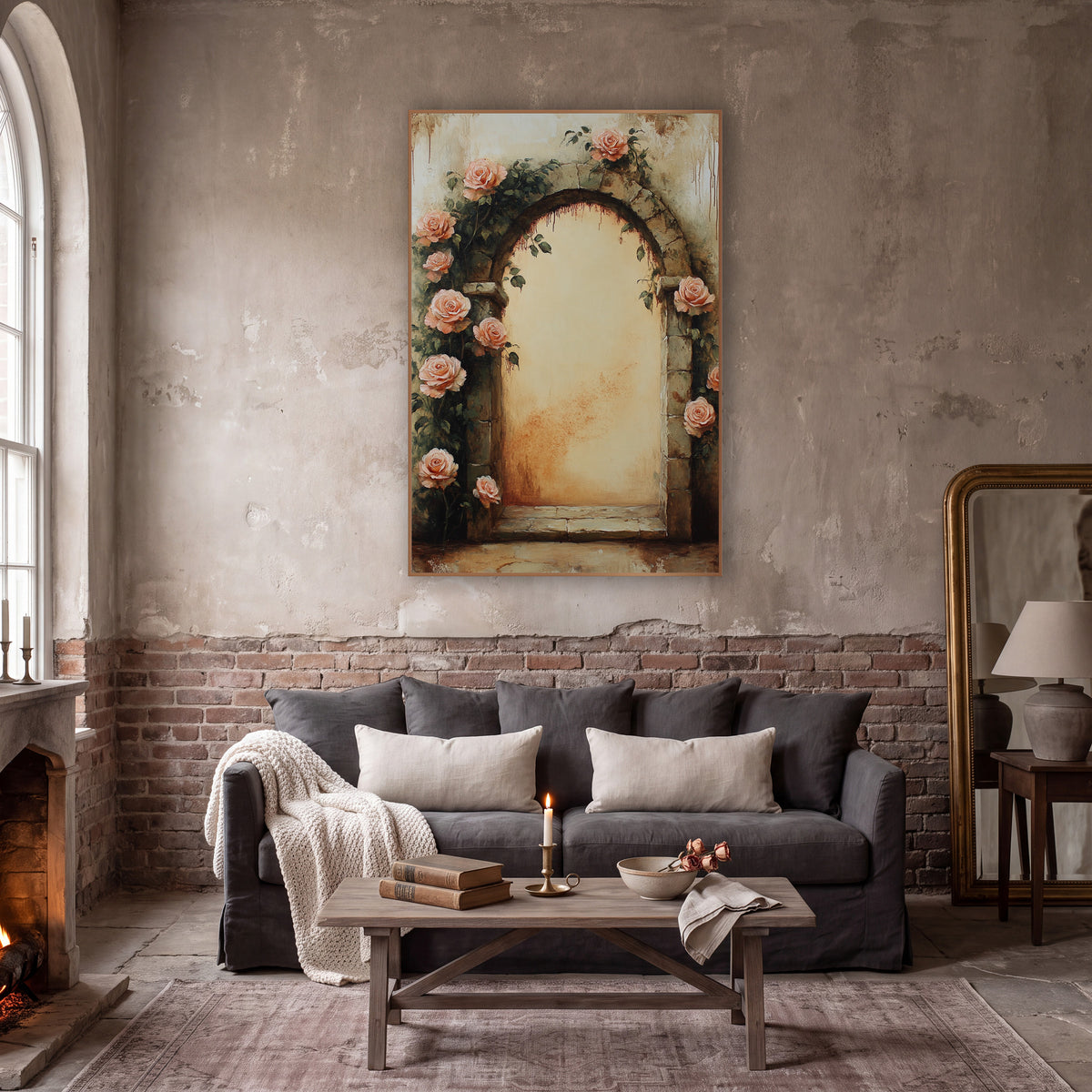 Peach Roses Climbing Stone Doorway Classic wall art in a moody dark academia room – peach roses and green vines