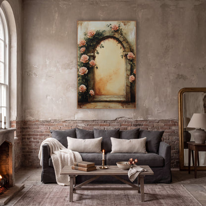 Peach Roses Climbing Stone Doorway Classic wall art in a moody dark academia room – peach roses and green vines
