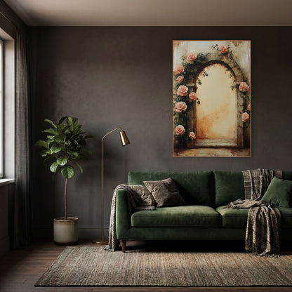 Peach Roses Climbing Stone Doorway Classic wall art in a moody dark academia room – peach roses and green vines