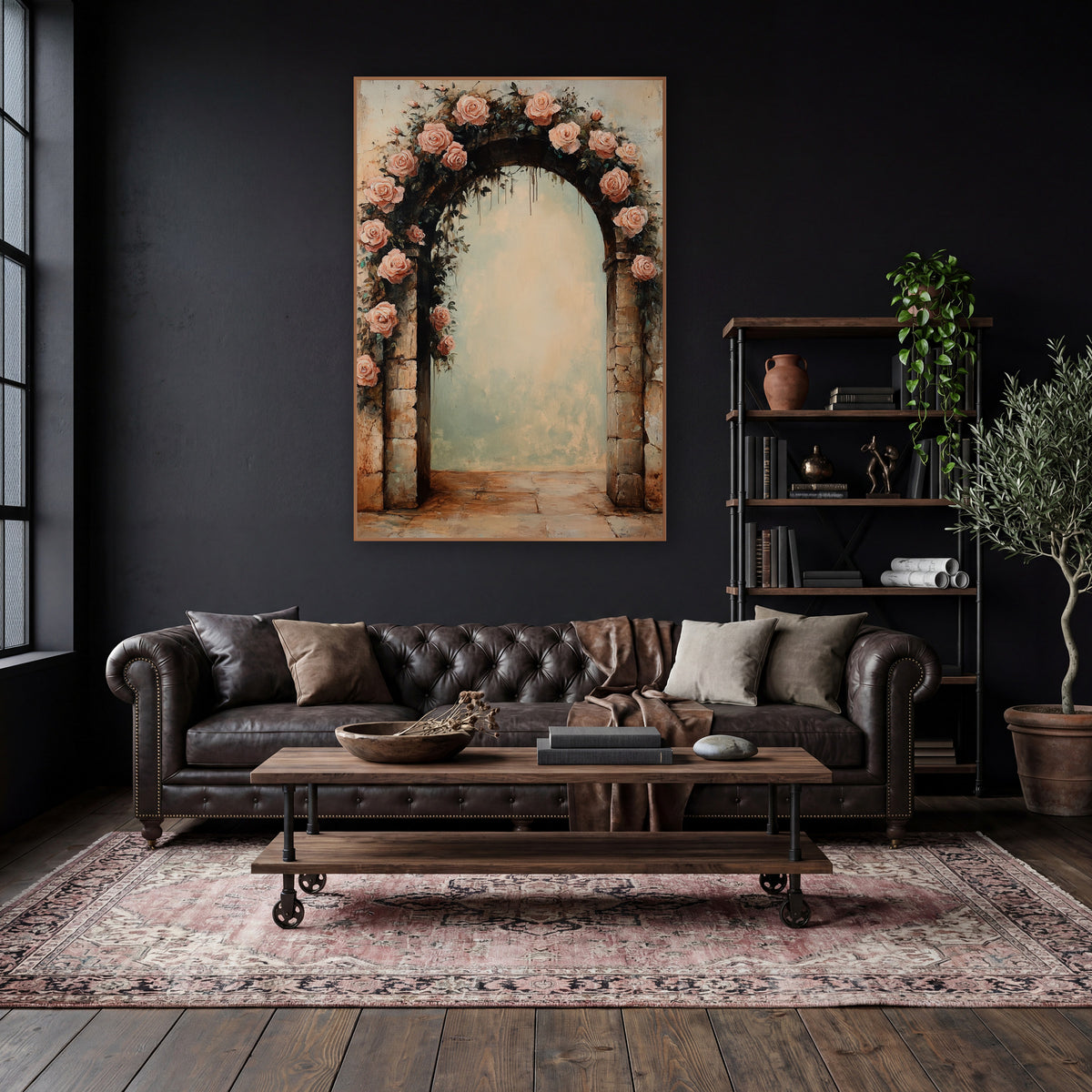 Blush Rose Garland Crowning Archway Vintage wall art in a moody dark academia room – blush pink roses and dark green
