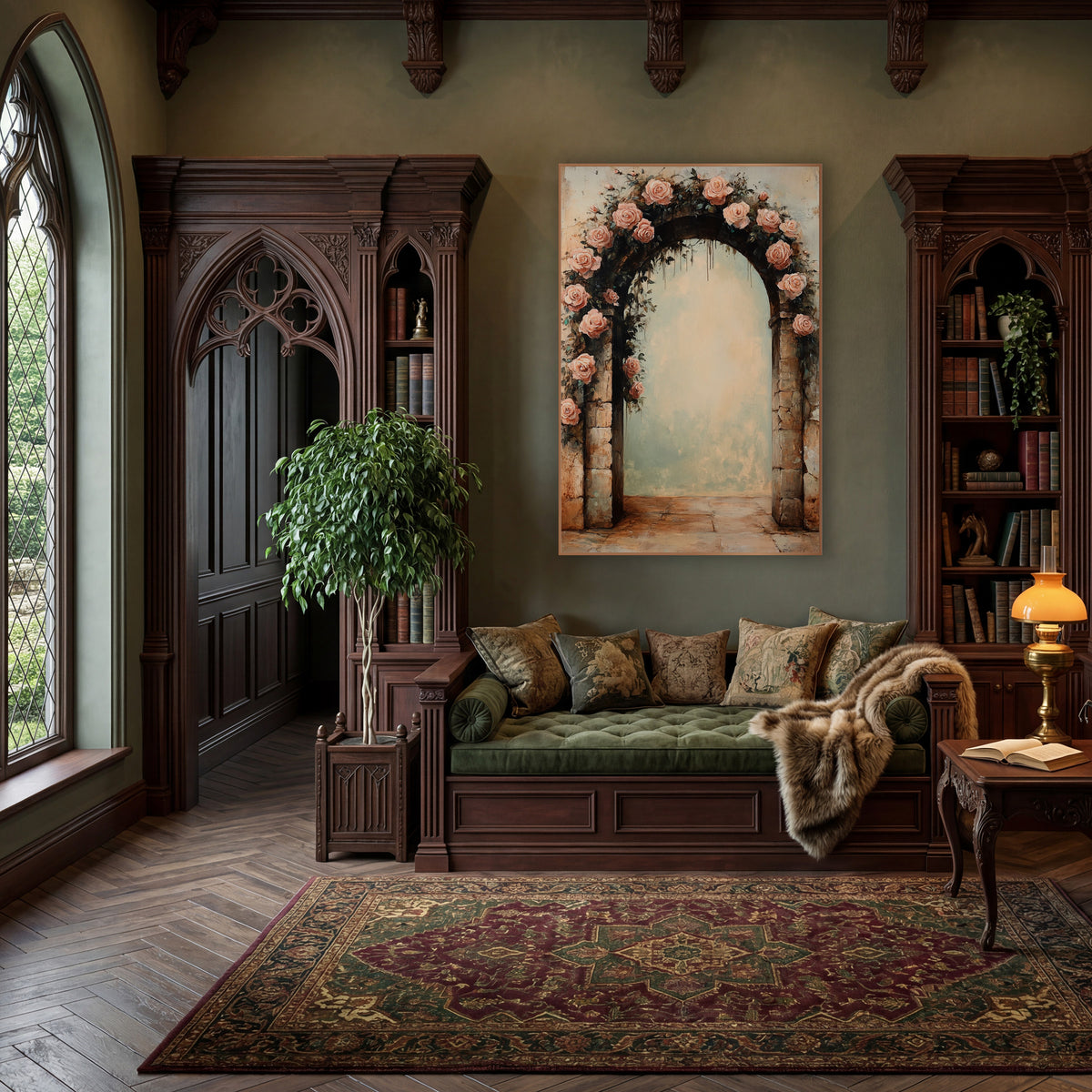 Blush Rose Garland Crowning Archway Vintage wall art in a moody dark academia room – blush pink roses and dark green