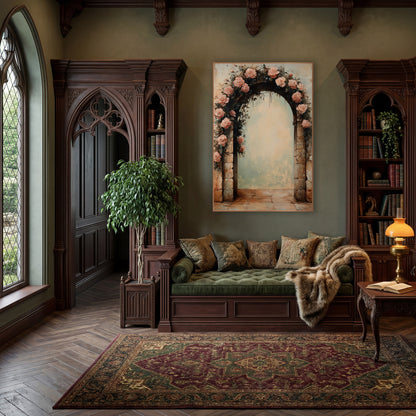 Blush Rose Garland Crowning Archway Vintage wall art in a moody dark academia room – blush pink roses and dark green