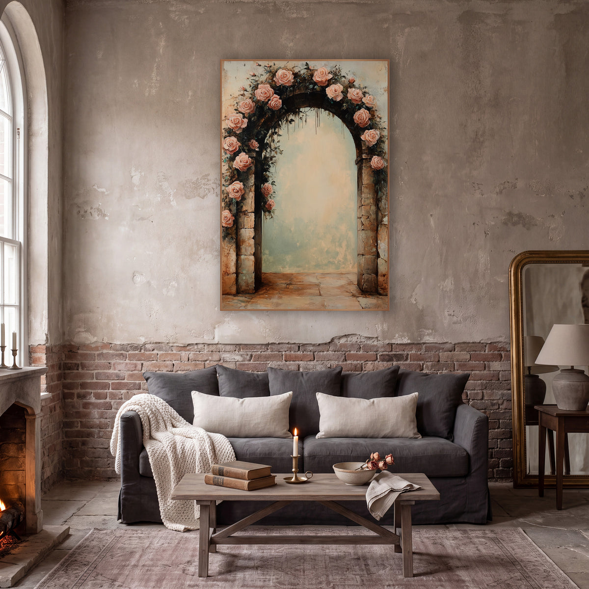 Blush Rose Garland Crowning Archway Vintage wall art in a moody dark academia room – blush pink roses and dark green