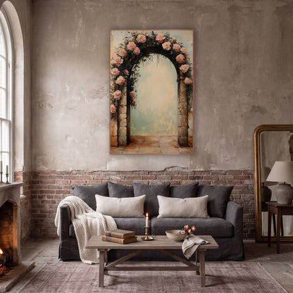 Blush Rose Garland Crowning Archway Vintage wall art in a moody dark academia room – blush pink roses and dark green