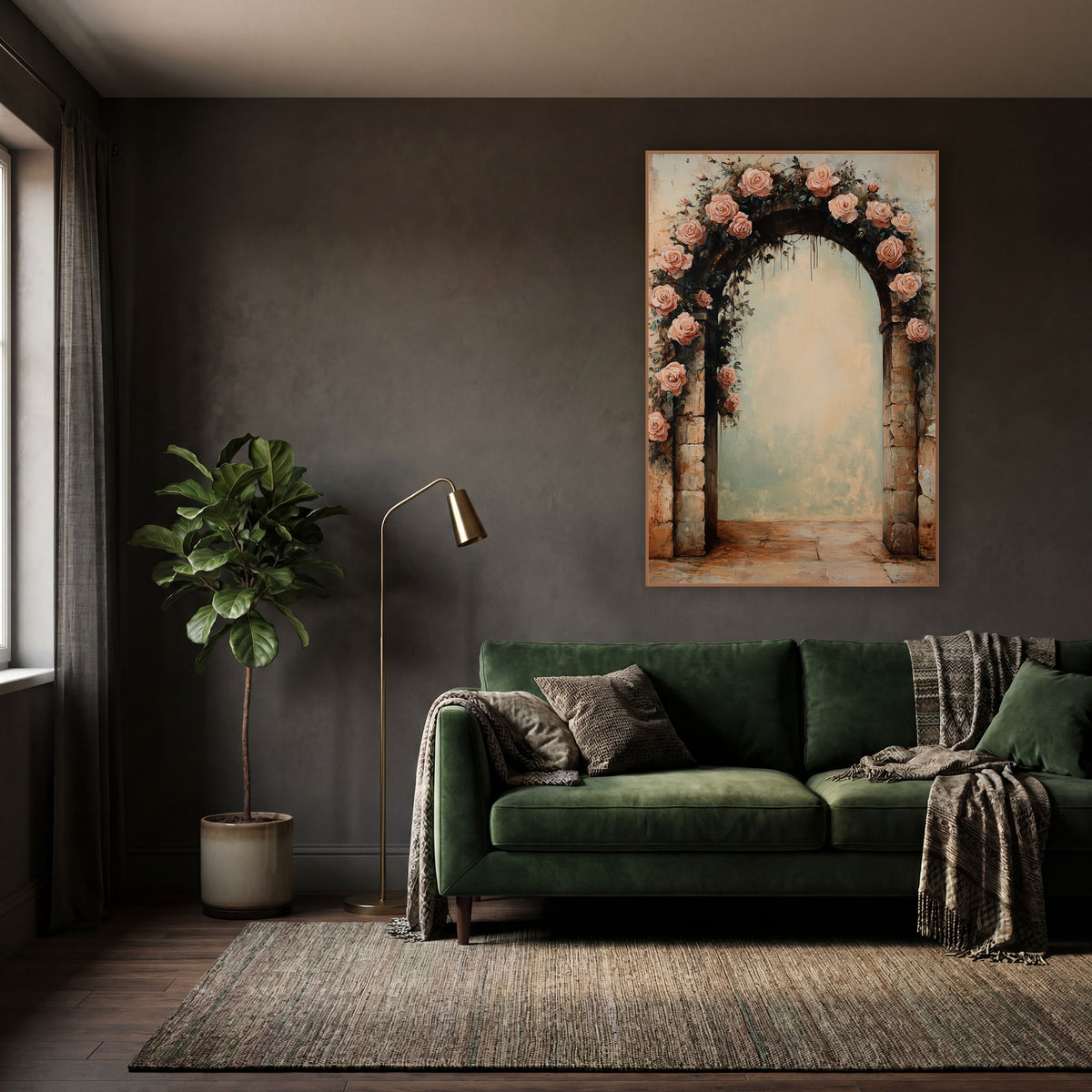 Blush Rose Garland Crowning Archway Vintage wall art in a moody dark academia room – blush pink roses and dark green