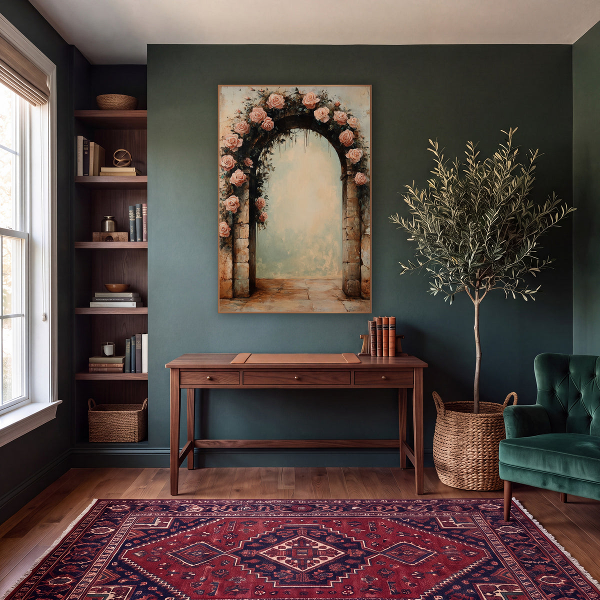 Blush Rose Garland Crowning Archway Vintage wall art in a moody dark academia room – blush pink roses and dark green
