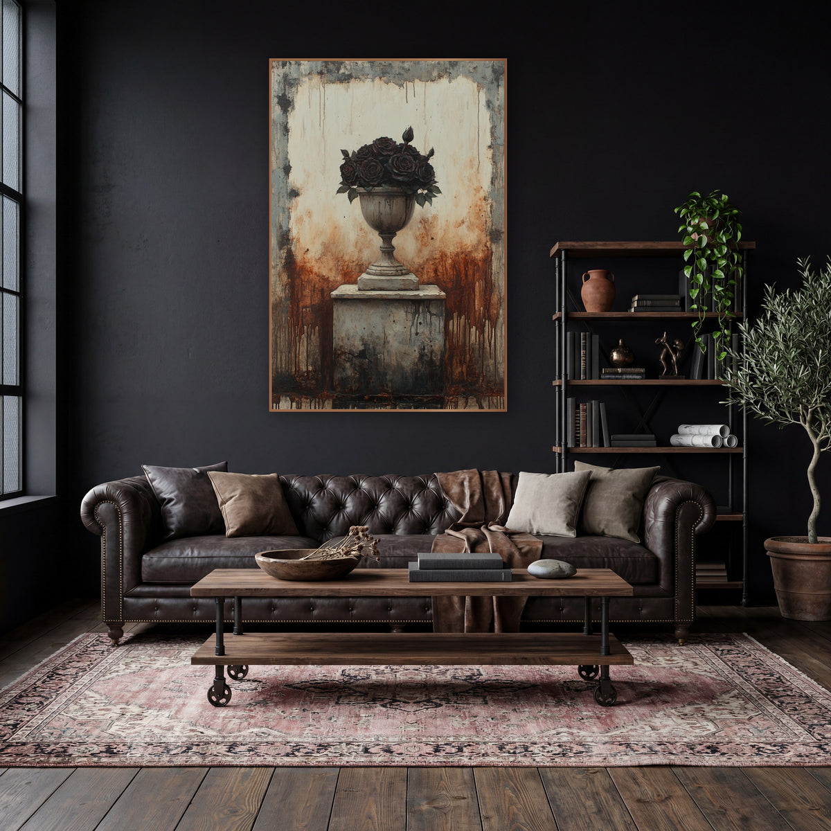 Black Rose Stone Urn Gothic wall art in a moody dark academia room – weathered stone urn of dark burgundy roses