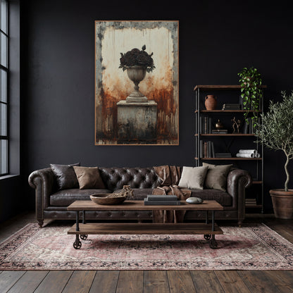 Black Rose Stone Urn Gothic wall art in a moody dark academia room – weathered stone urn of dark burgundy roses