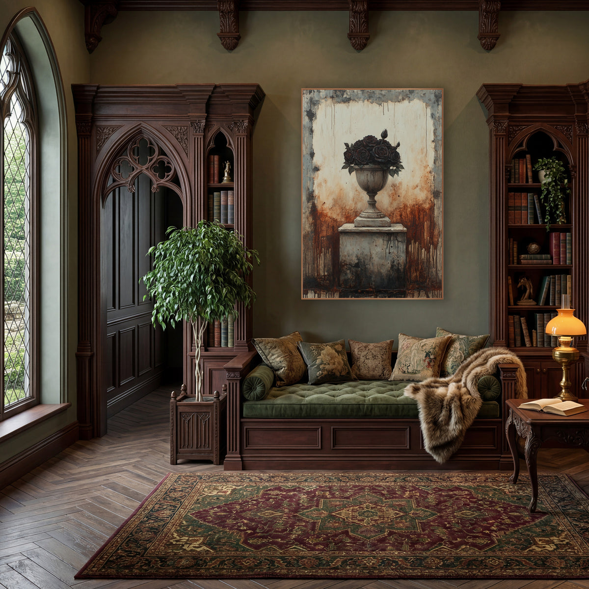 Black Rose Stone Urn Gothic wall art in a moody dark academia room – weathered stone urn of dark burgundy roses