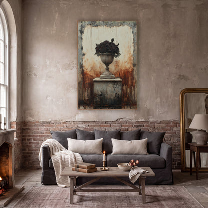 Black Rose Stone Urn Gothic wall art in a moody dark academia room – weathered stone urn of dark burgundy roses