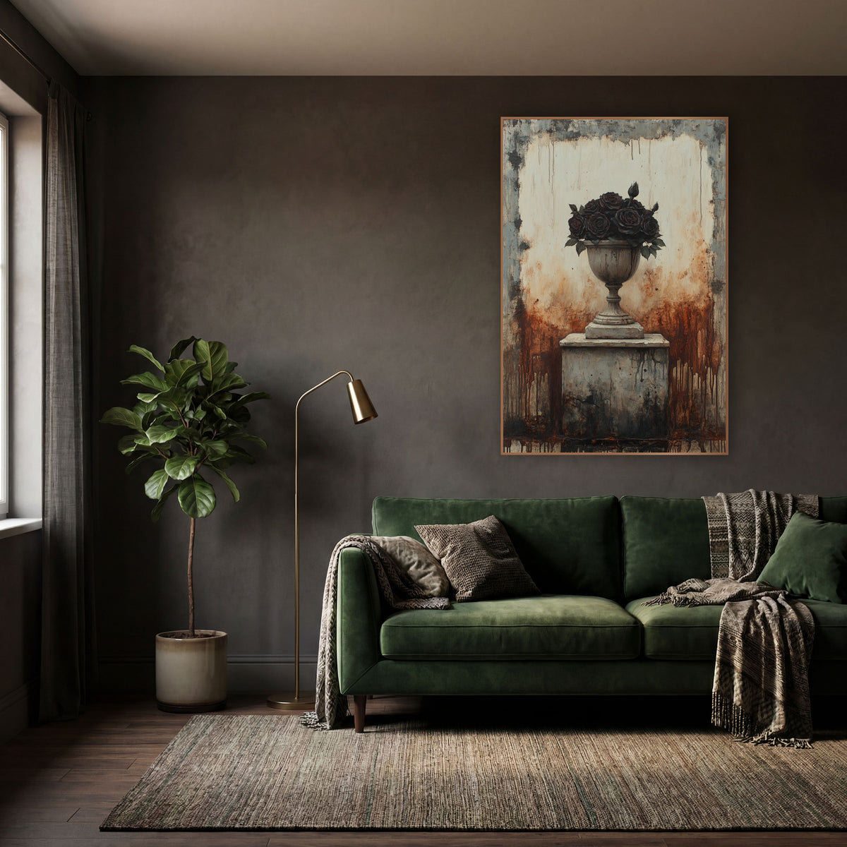 Black Rose Stone Urn Gothic wall art in a moody dark academia room – weathered stone urn of dark burgundy roses