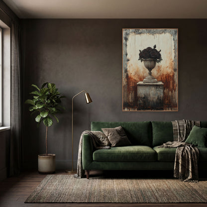 Black Rose Stone Urn Gothic wall art in a moody dark academia room – weathered stone urn of dark burgundy roses