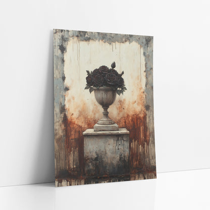 Black Rose Stone Urn Gothic art print leaning against a white wall – weathered stone urn of dark burgundy roses on a stone