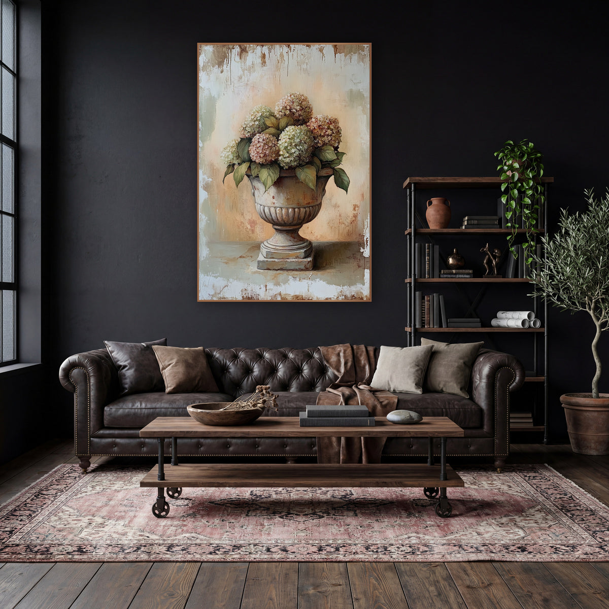 Rosy Hydrangea Fluted Urn Rustic wall art in a moody dark academia room – stone urn filled with faded pink and green