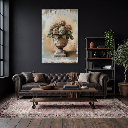 Rosy Hydrangea Fluted Urn Rustic wall art in a moody dark academia room – stone urn filled with faded pink and green