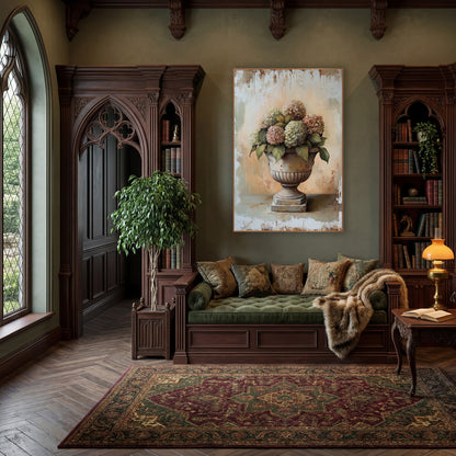 Rosy Hydrangea Fluted Urn Rustic wall art in a moody dark academia room – stone urn filled with faded pink and green