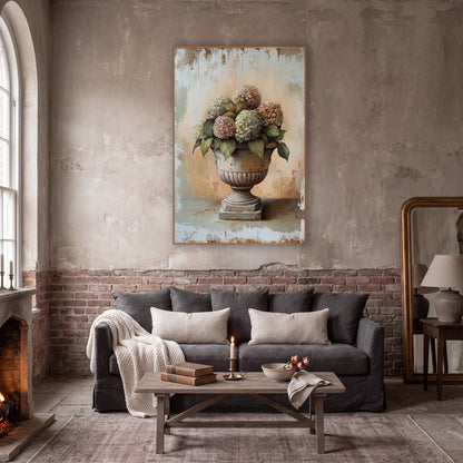 Rosy Hydrangea Fluted Urn Rustic wall art in a moody dark academia room – stone urn filled with faded pink and green