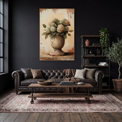 Tall Smooth Urn Hydrangea Farmhouse wall art in a moody dark academia room – cream and pale green hydrangeas