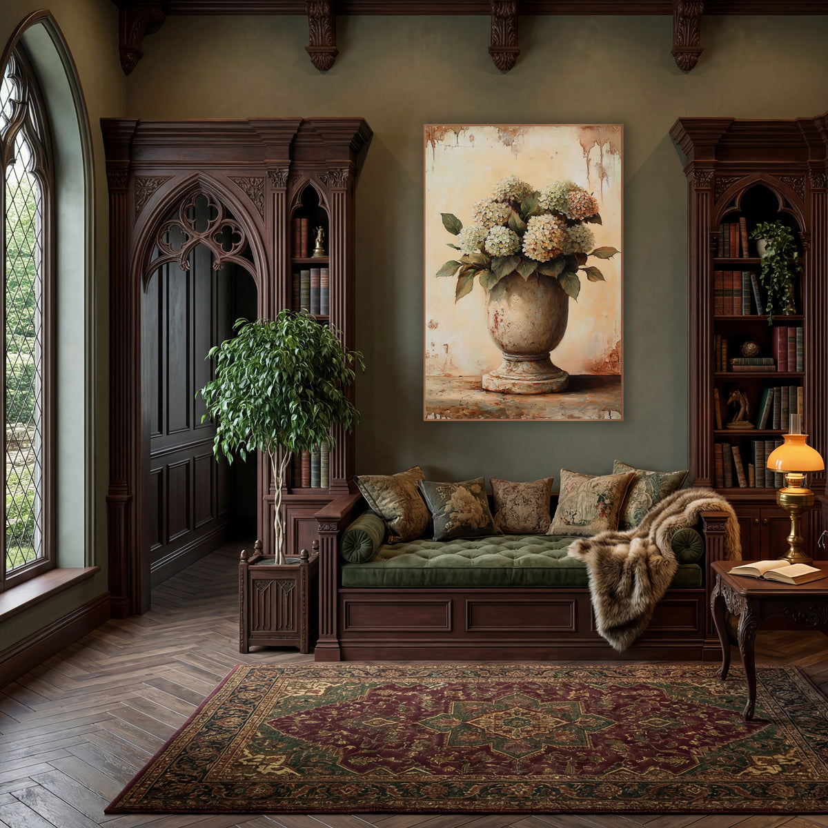 Tall Smooth Urn Hydrangea Farmhouse wall art in a moody dark academia room – cream and pale green hydrangeas