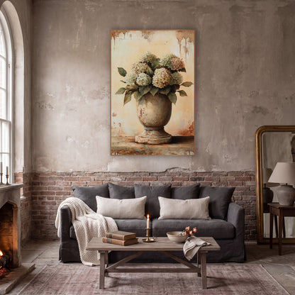 Tall Smooth Urn Hydrangea Farmhouse wall art in a moody dark academia room – cream and pale green hydrangeas