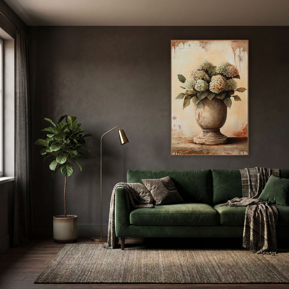 Tall Smooth Urn Hydrangea Farmhouse wall art in a moody dark academia room – cream and pale green hydrangeas