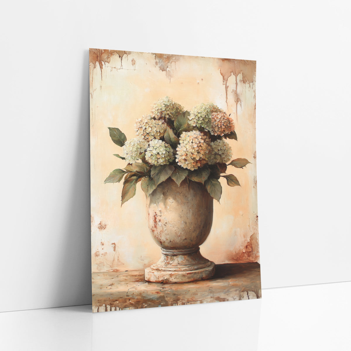 Tall Smooth Urn Hydrangea Farmhouse art print leaning against a white wall – cream and pale green hydrangeas in a chipped