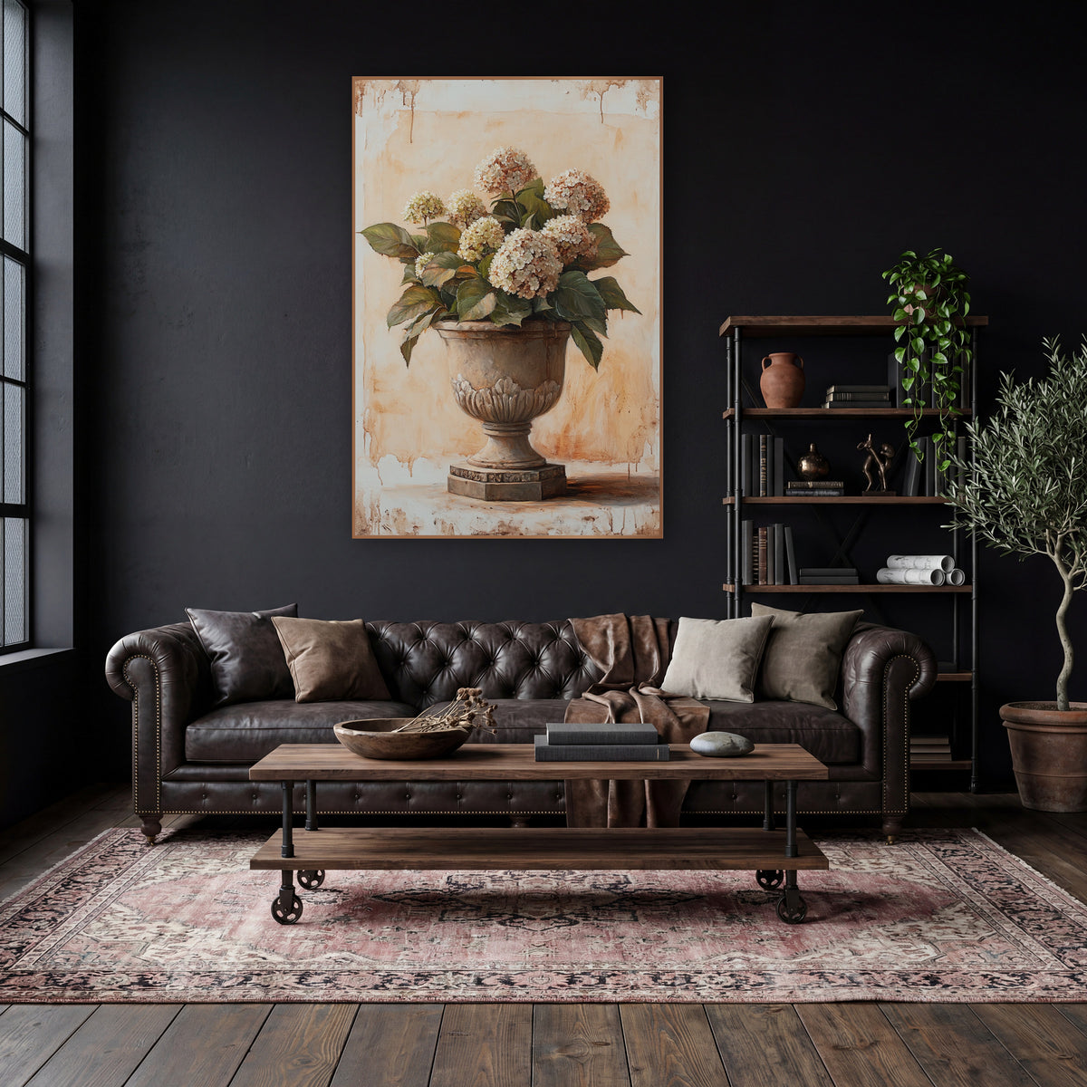 Leafy Hydrangea Carved Planter Classic wall art in a moody dark academia room – cream hydrangeas with green leaves