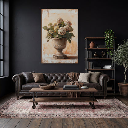 Leafy Hydrangea Carved Planter Classic wall art in a moody dark academia room – cream hydrangeas with green leaves
