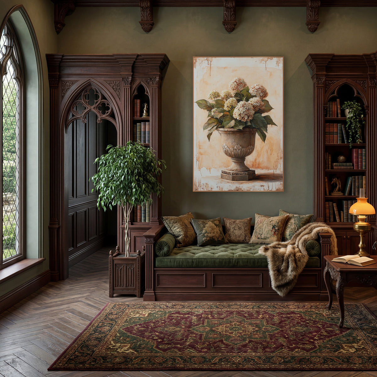 Leafy Hydrangea Carved Planter Classic wall art in a moody dark academia room – cream hydrangeas with green leaves