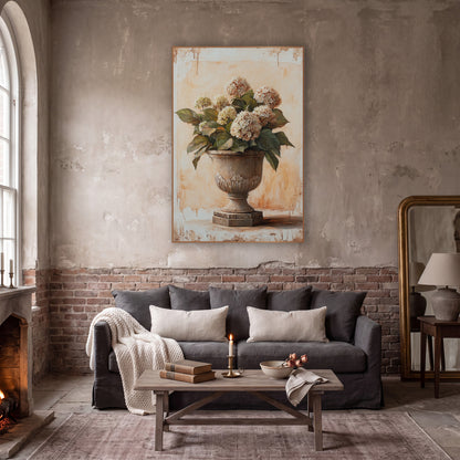 Leafy Hydrangea Carved Planter Classic wall art in a moody dark academia room – cream hydrangeas with green leaves