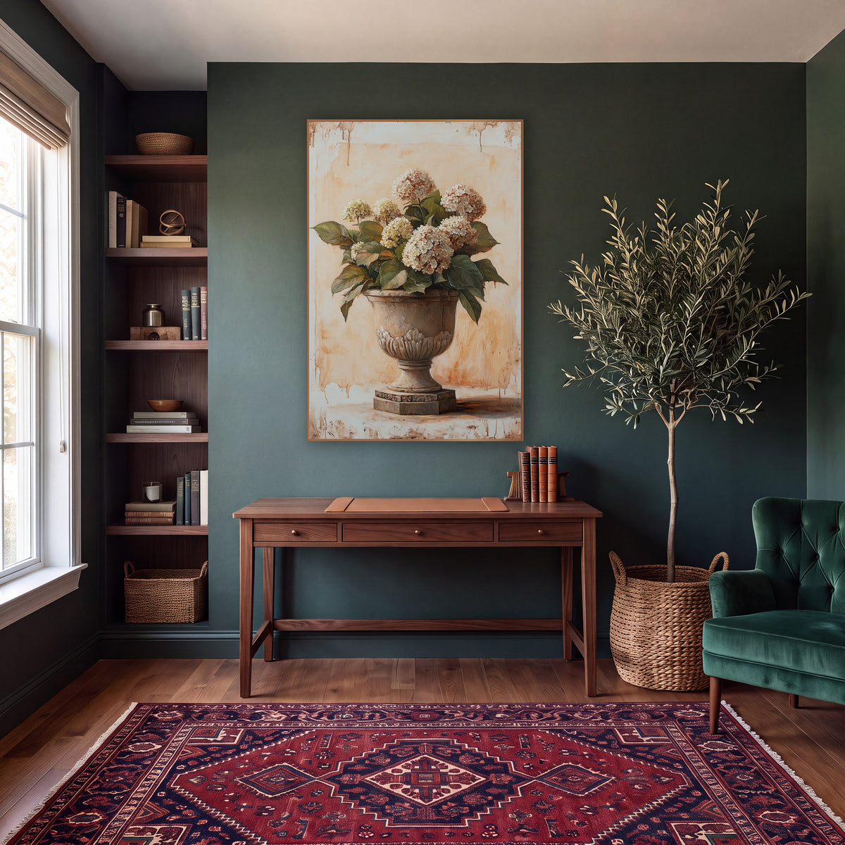 Leafy Hydrangea Carved Planter Classic wall art in a moody dark academia room – cream hydrangeas with green leaves