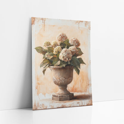 Leafy Hydrangea Carved Planter Classic art print leaning against a white wall – cream hydrangeas with green leaves