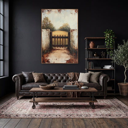Rustic Garden Gate Countryside Landscape wall art in a moody dark academia room – dark wooden garden gate between two