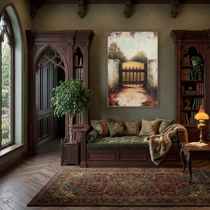 Rustic Garden Gate Countryside Landscape wall art in a moody dark academia room – dark wooden garden gate between two