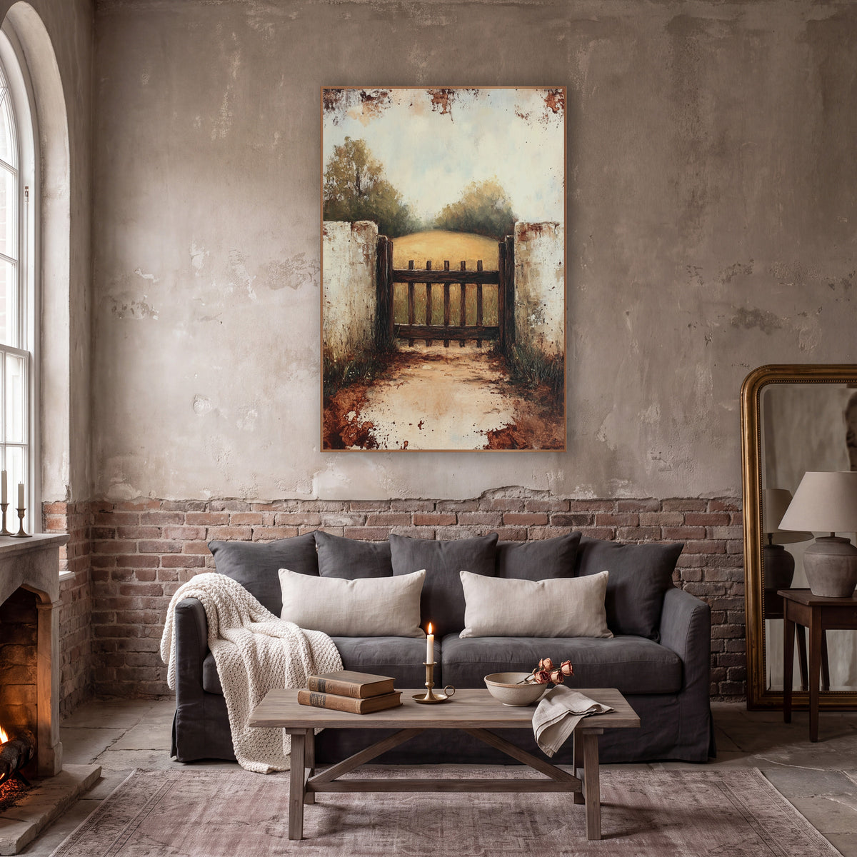 Rustic Garden Gate Countryside Landscape wall art in a moody dark academia room – dark wooden garden gate between two