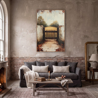 Rustic Garden Gate Countryside Landscape wall art in a moody dark academia room – dark wooden garden gate between two