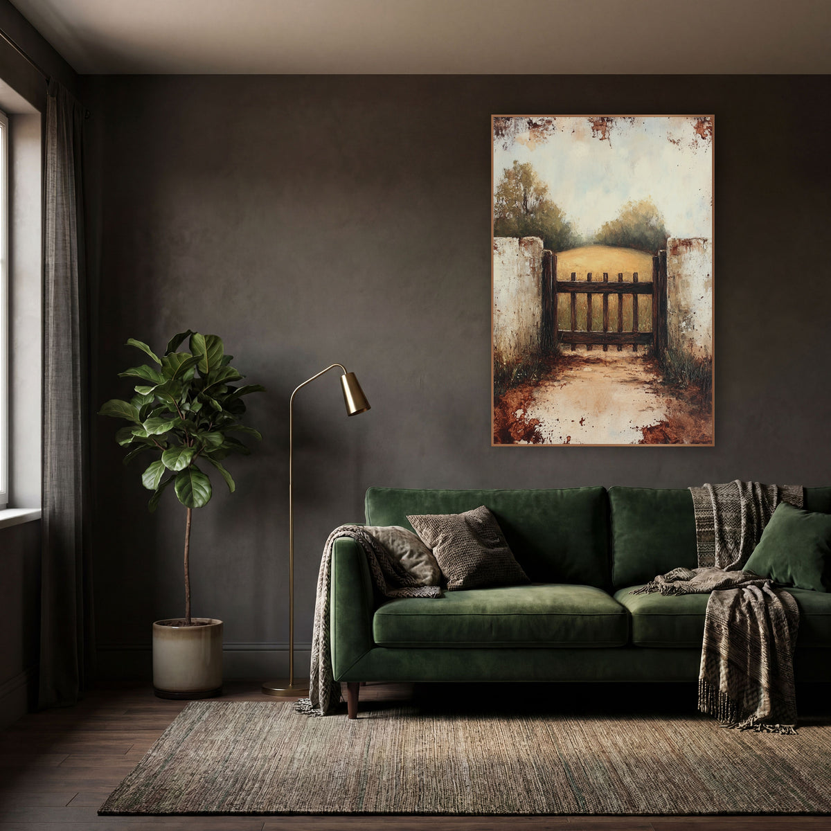 Rustic Garden Gate Countryside Landscape wall art in a moody dark academia room – dark wooden garden gate between two