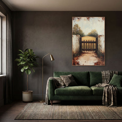 Rustic Garden Gate Countryside Landscape wall art in a moody dark academia room – dark wooden garden gate between two