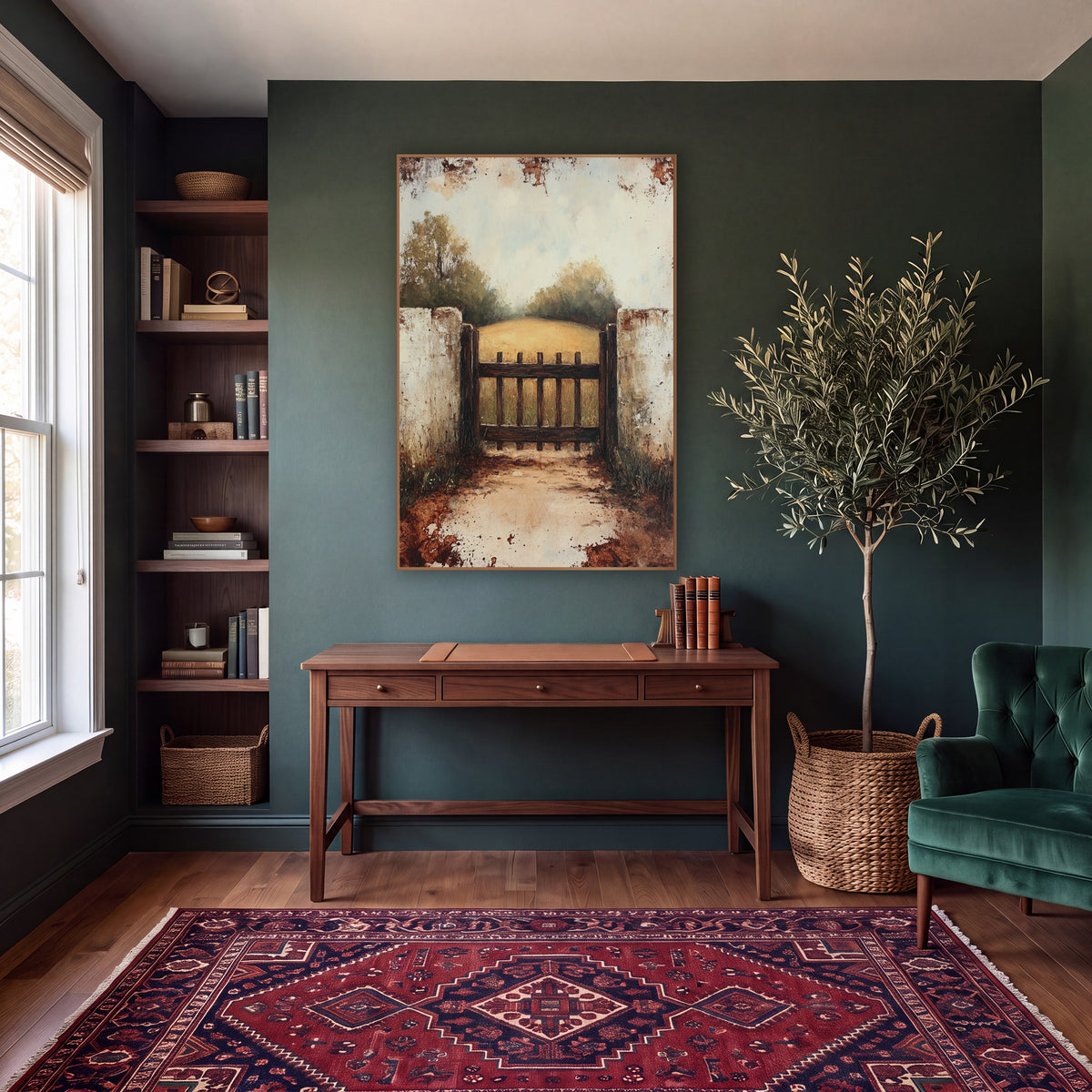 Rustic Garden Gate Countryside Landscape wall art in a moody dark academia room – dark wooden garden gate between two