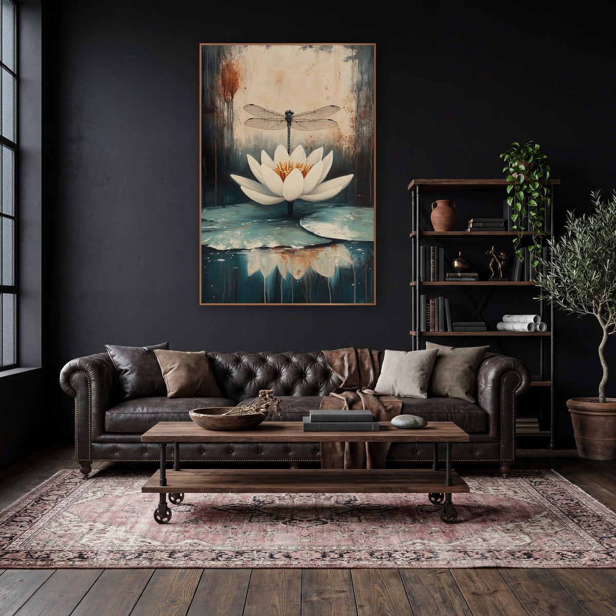Centered Lily Dragonfly Moody Botanical wall art in a moody dark academia room – white water lily with orange center