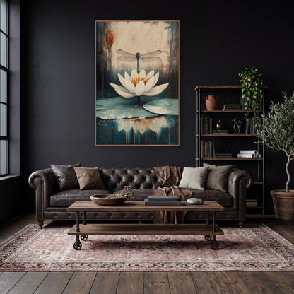 Centered Lily Dragonfly Moody Botanical wall art in a moody dark academia room – white water lily with orange center