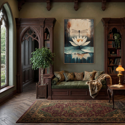 Centered Lily Dragonfly Moody Botanical wall art in a moody dark academia room – white water lily with orange center
