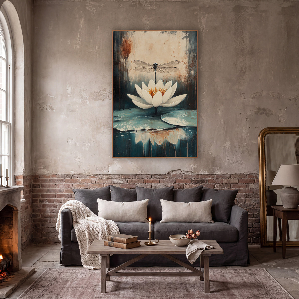 Centered Lily Dragonfly Moody Botanical wall art in a moody dark academia room – white water lily with orange center